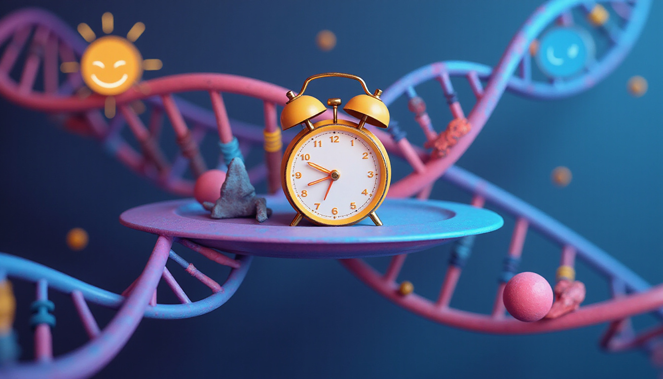 Balanced plate, clock, dumbbell, sleep mask icons orbiting scientific DNA helix, vibrant colors