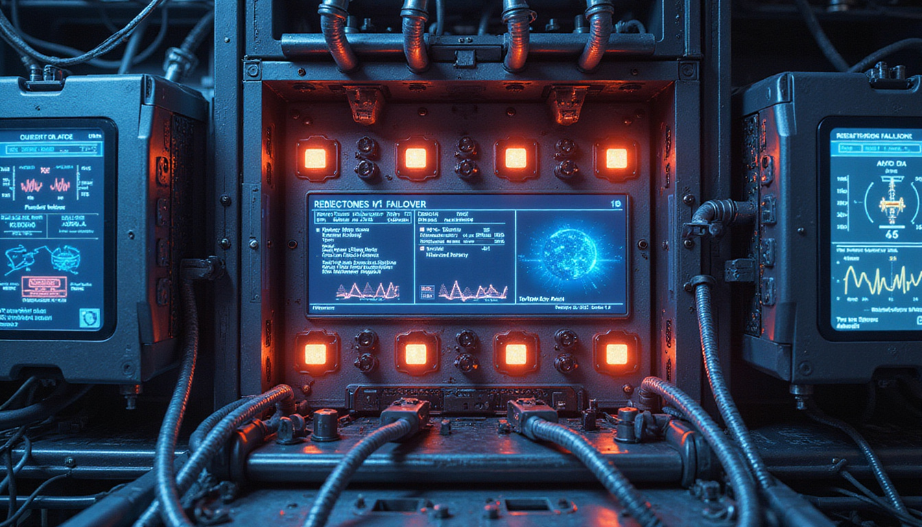  Futuristic mechatronic control rack with redundant processors, braided power cables, holographic diagnostics, emergency failover animations