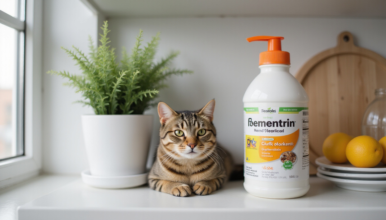 Clean kitchen safe storage: labeled permethrin bottle high shelf, cat watching, safety icons