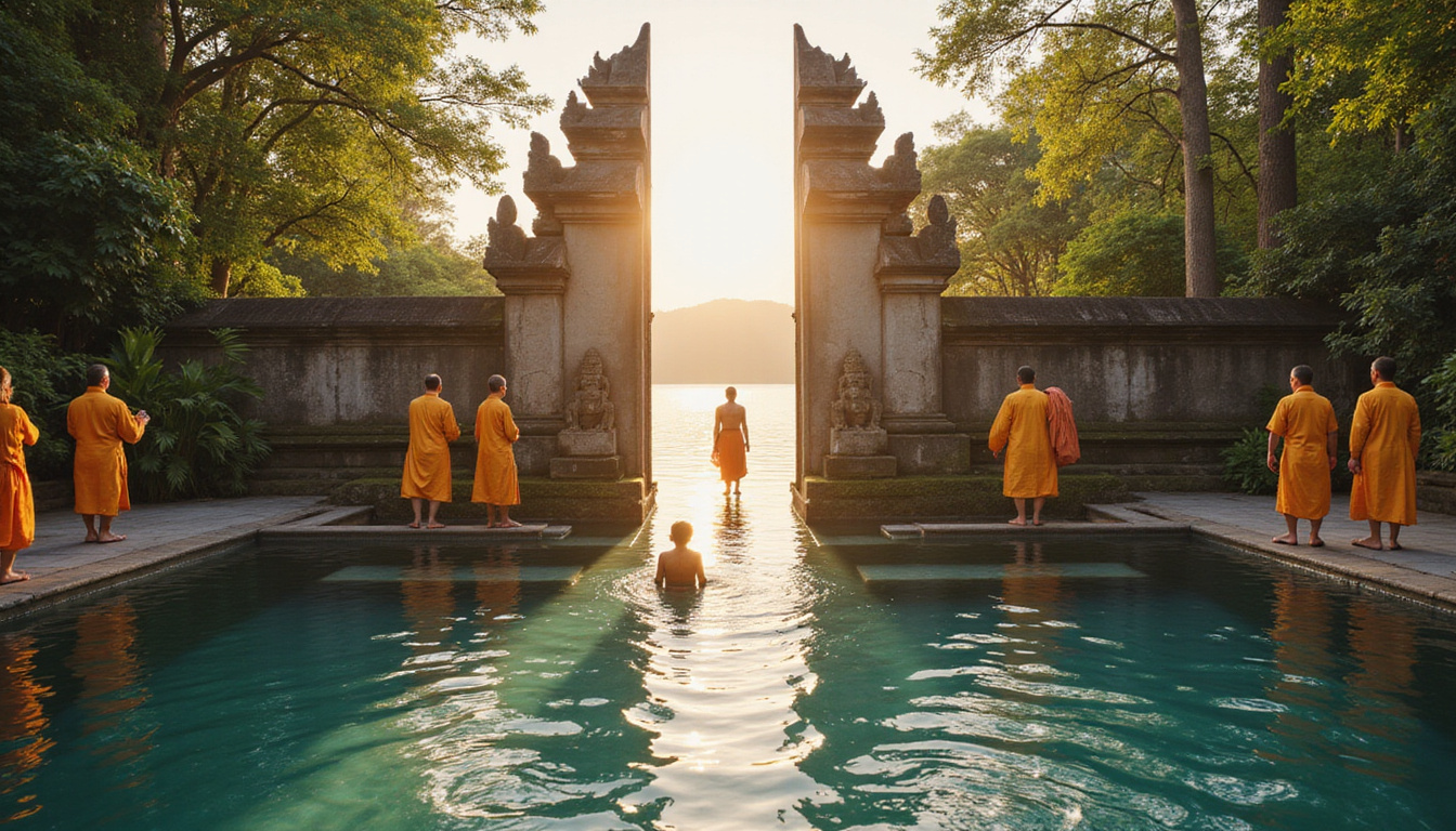 Balinese priests and worshippers in traditional attire, wooden gateways, tranquil turquoise water, soft golden light