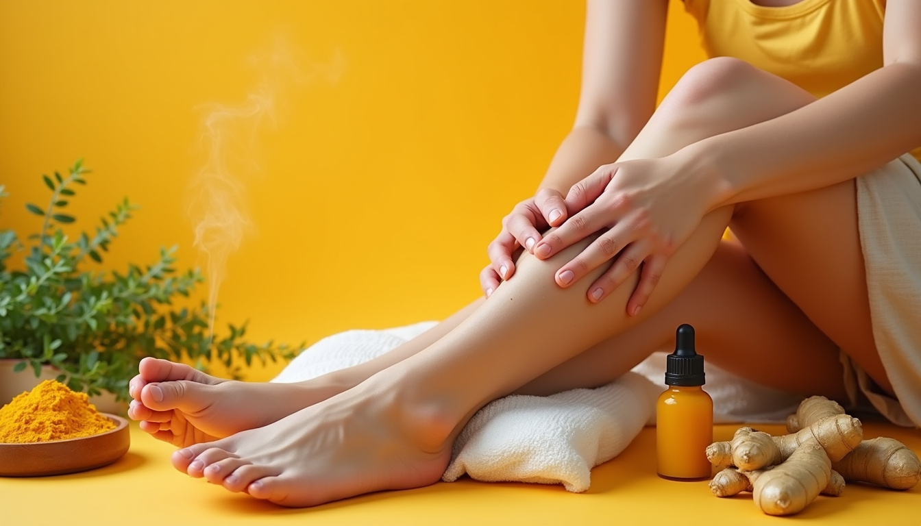  Herbal remedy scene: turmeric, ginger, essential oils, warm compress on aching knee, soft steam