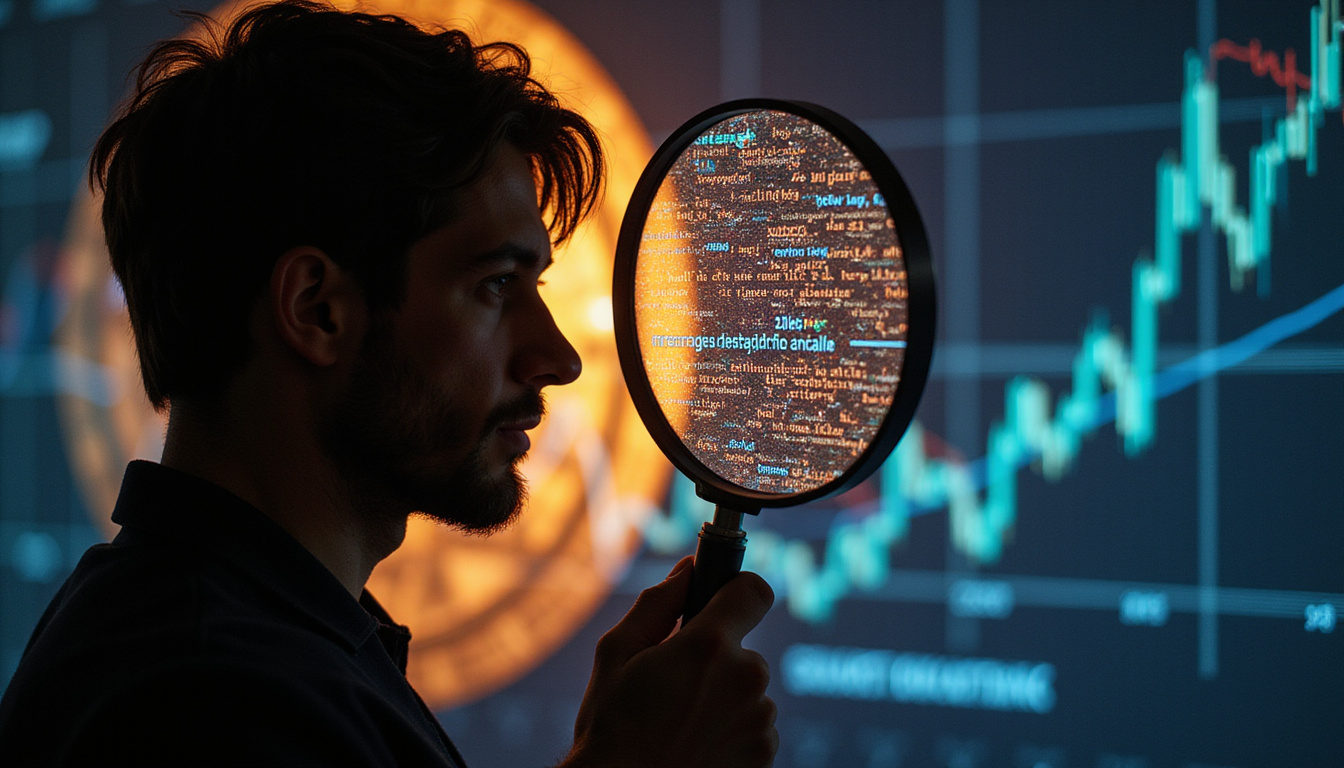  Investor silhouette with magnifying glass exposing hidden smart-contract code, shimmering vault and charts