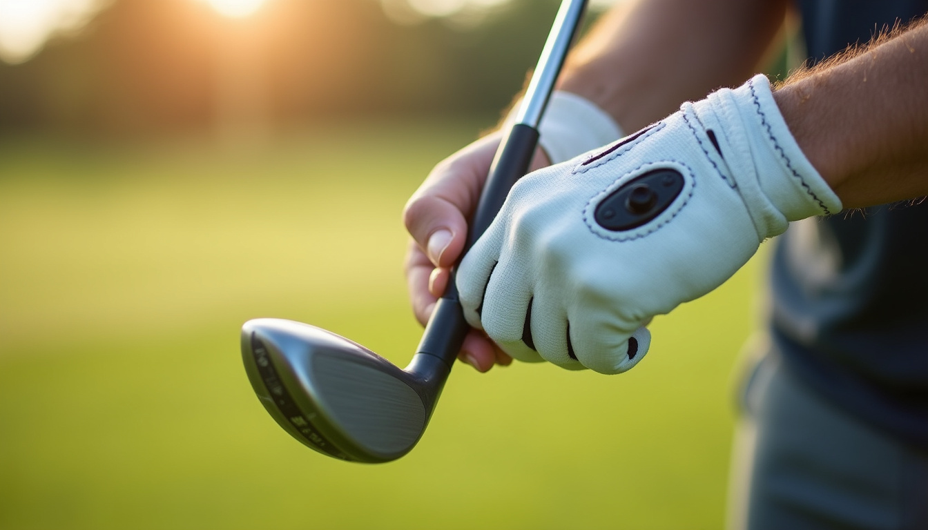  Close-up of hands gripping golf club with arthritis-friendly glove, relaxed follow-through, smiling scorecard