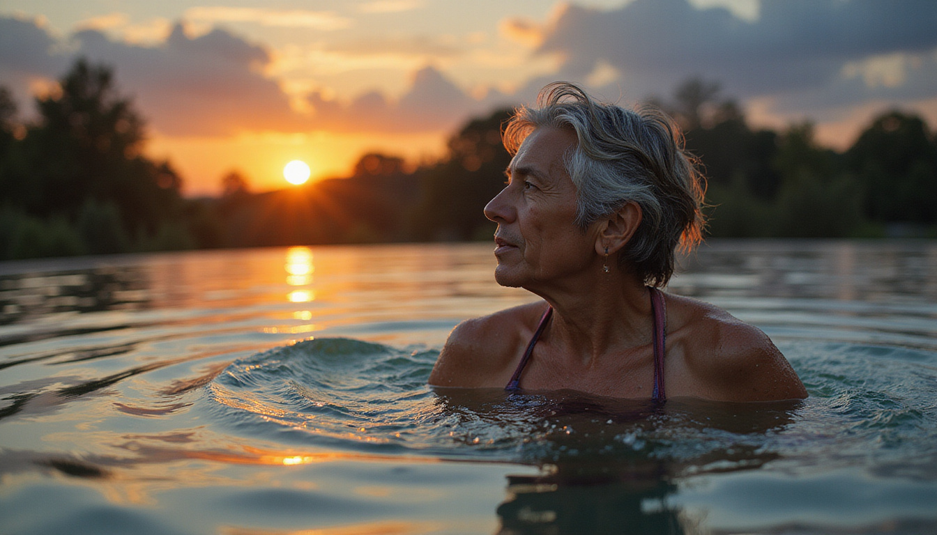  Weathered former athlete doing gentle aquatic therapy at dusk, mystical golden bubbles symbolize recovery secrets
