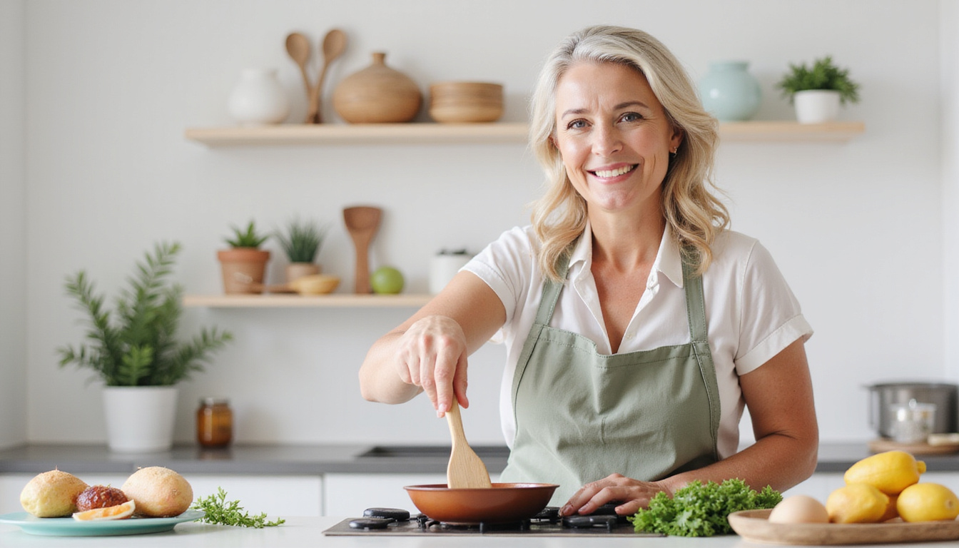  Senior woman smiling, lightweight adaptive utensils, large non-slip grips, effortless stirring, pain-free cooking