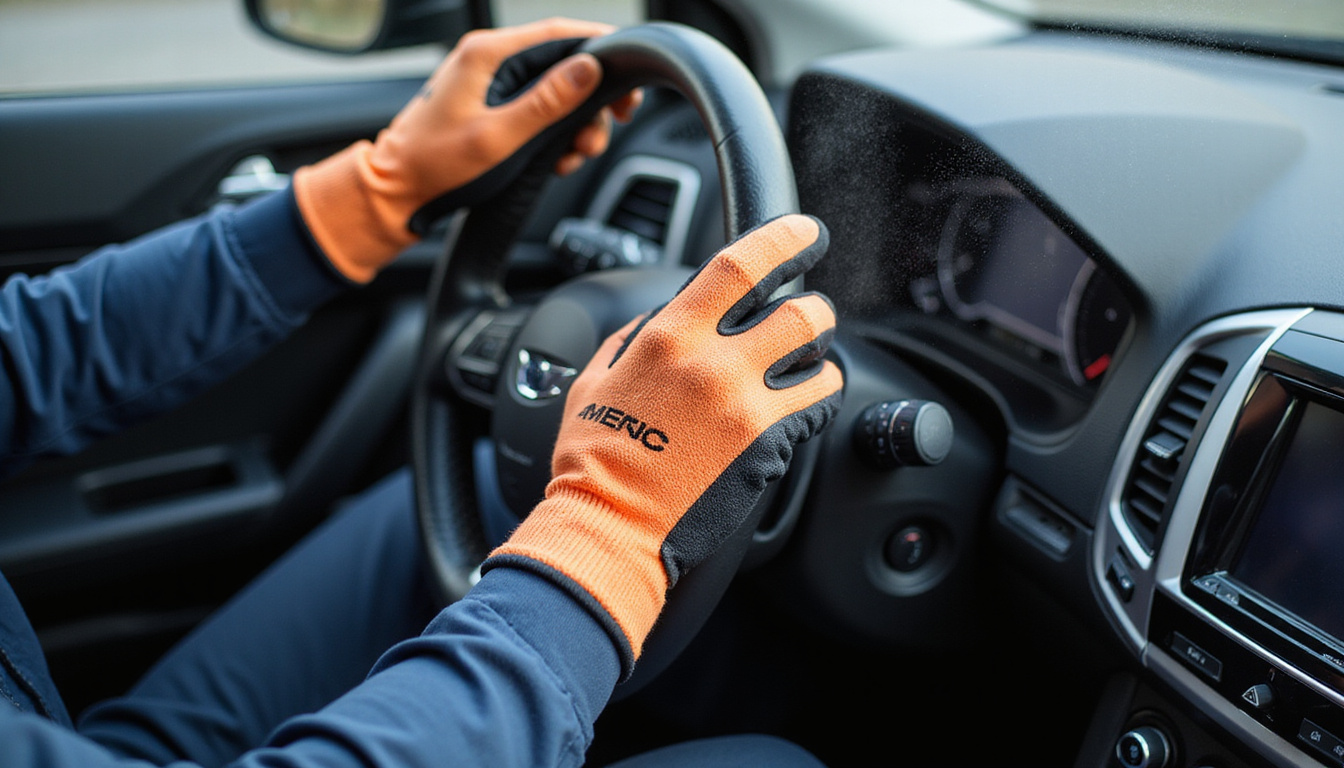  Close-up of hands with compression gloves adjusting steering wheel, heat pack steaming on dashboard