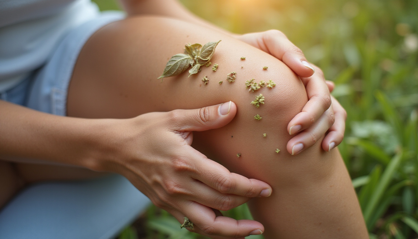  Close-up hands massaging knee, botanical herbs, inflammation cooling blue light, soft warm sunlight