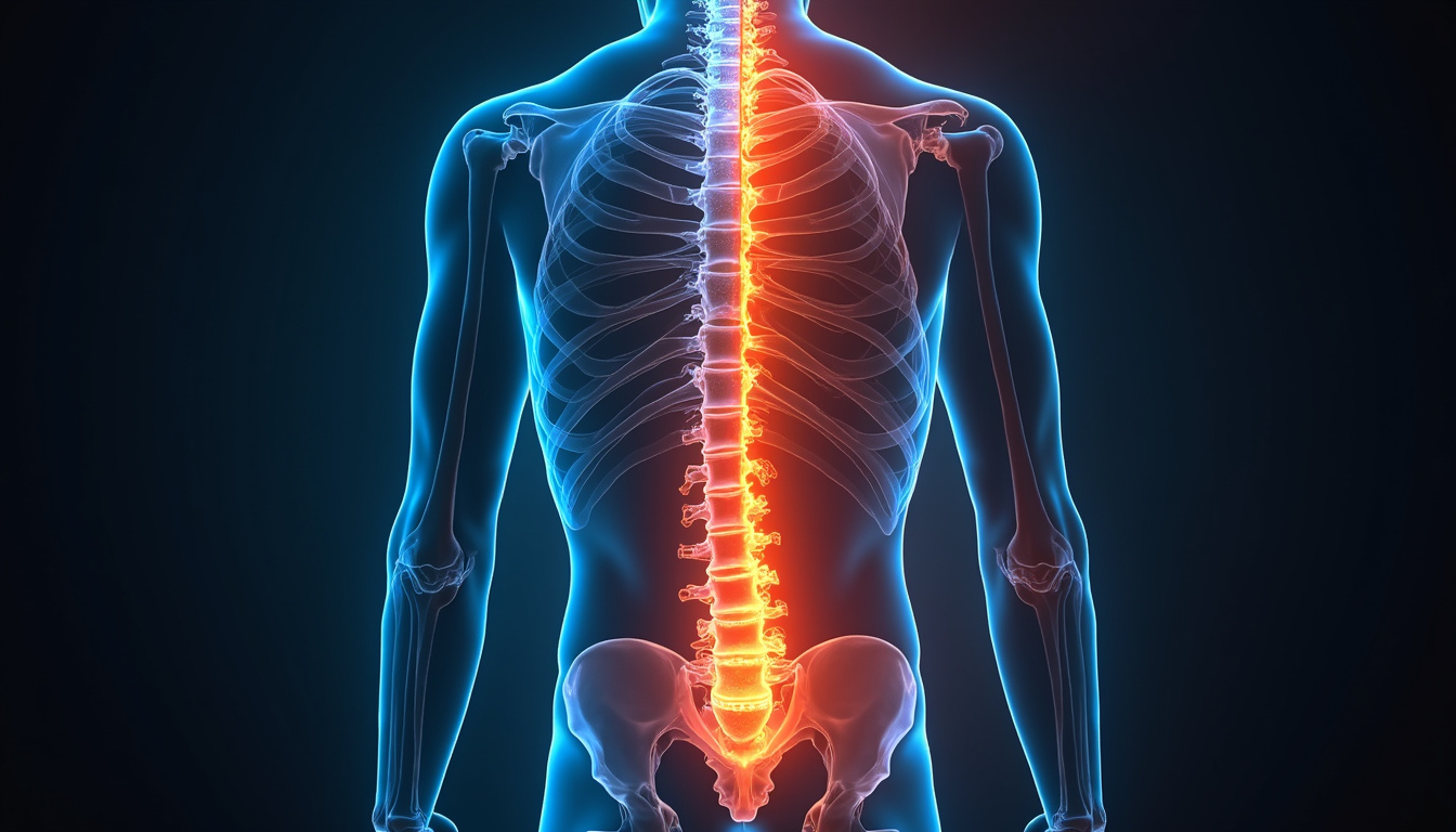  Split-scene: benefits vs risks, glowing healthy spine versus caution tape around lumbar vertebrae