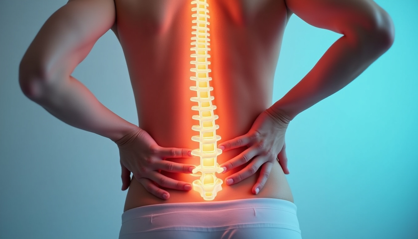  Close-up of hands supporting lower back, soft anatomical spine overlay, calming pastel studio