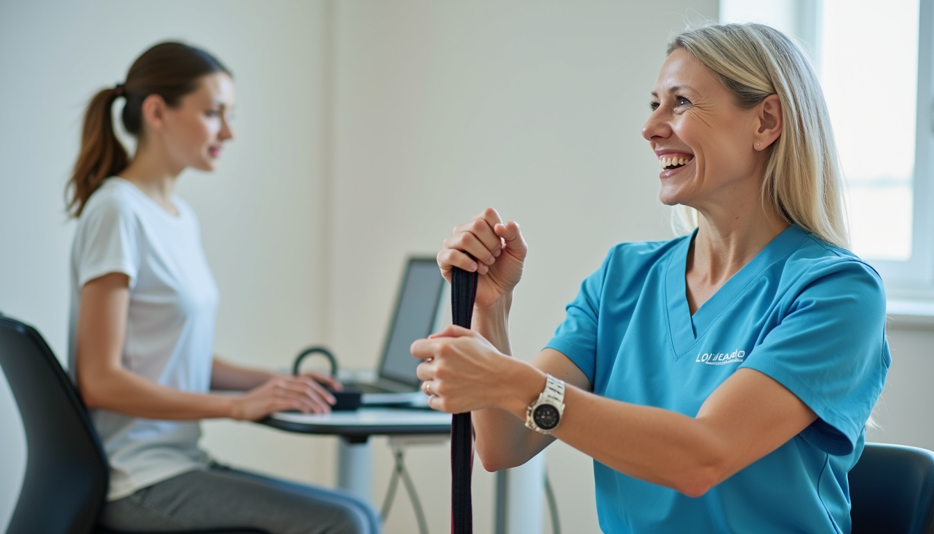  Rehab montage: patient performing eccentric wrist extensor exercises with resistance band, ergonomic workstation, confident smile
