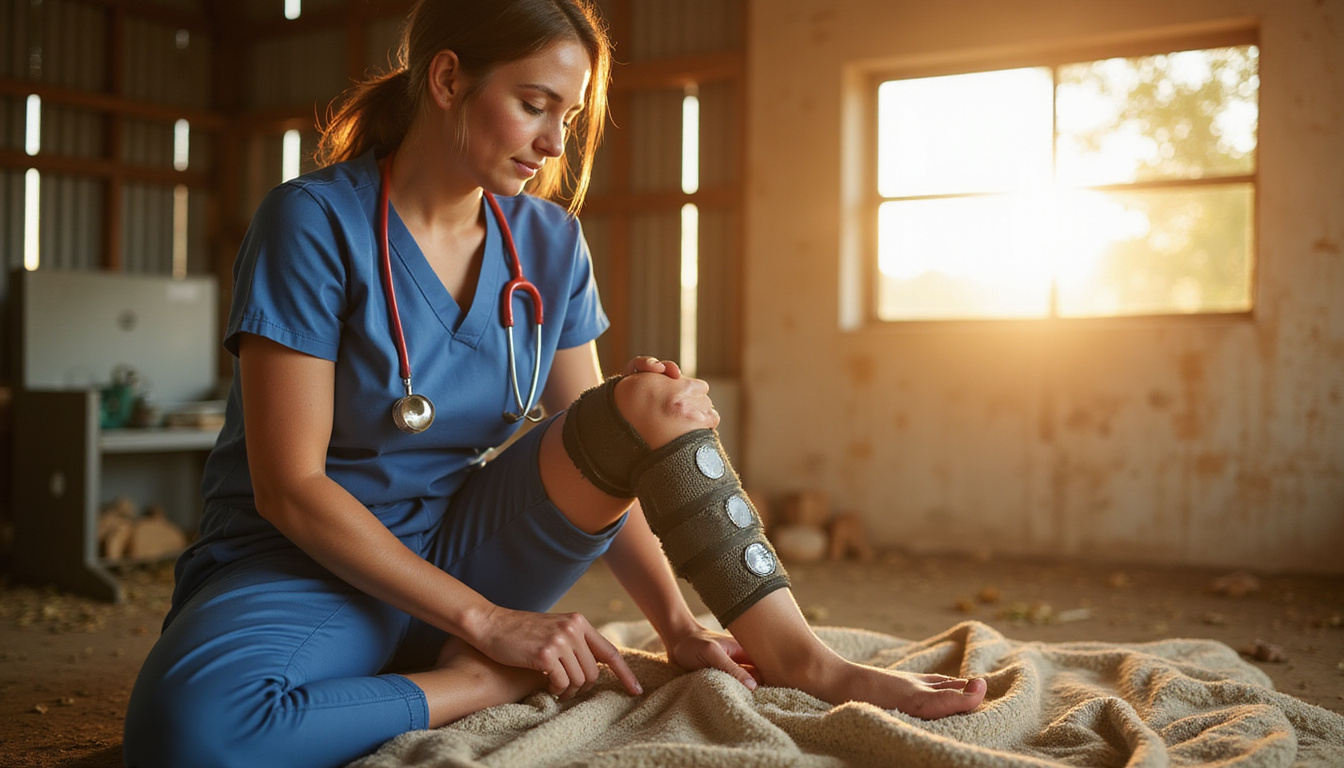  Mobile clinic nurse fitting knee brace, sunlit barn, herbal poultices, hopeful rural community
