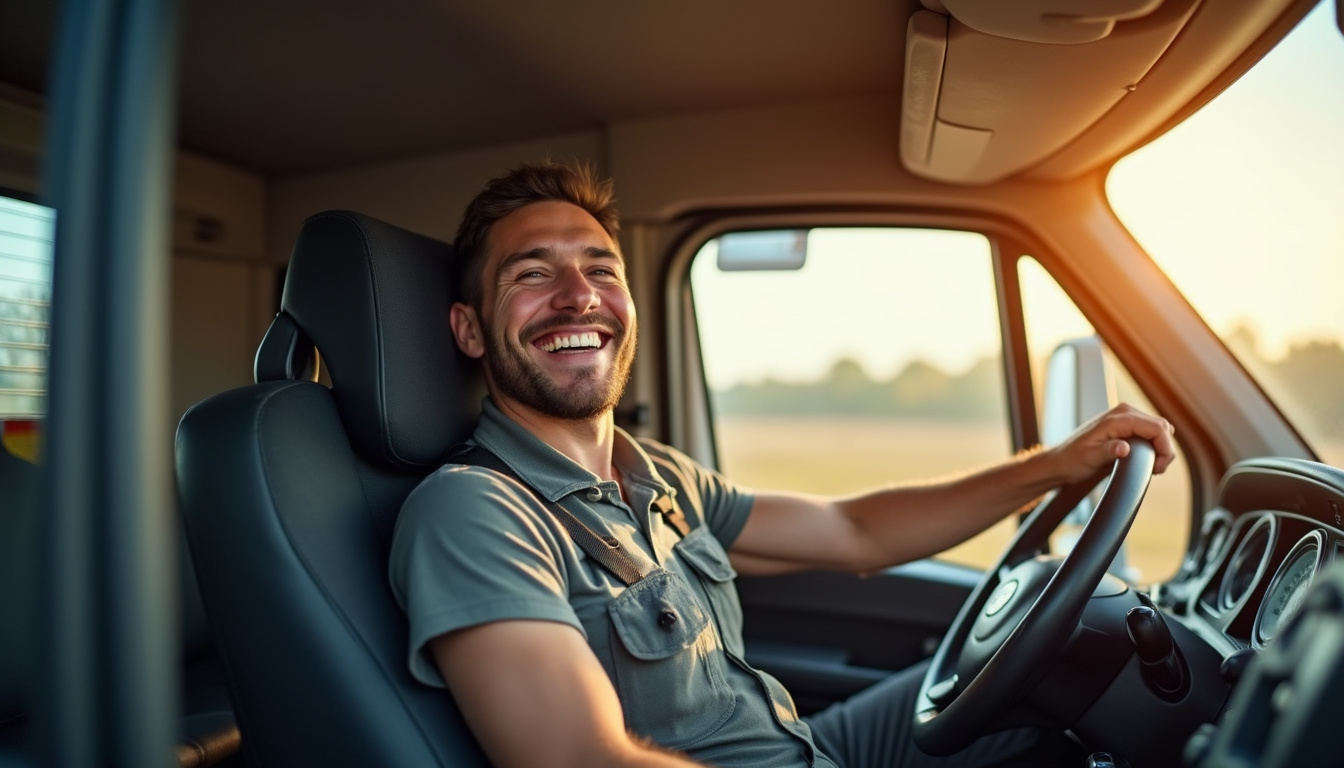  Professional trucker adjusting ergonomic lumbar support cushion, smiling, road background, warm cinematic lighting