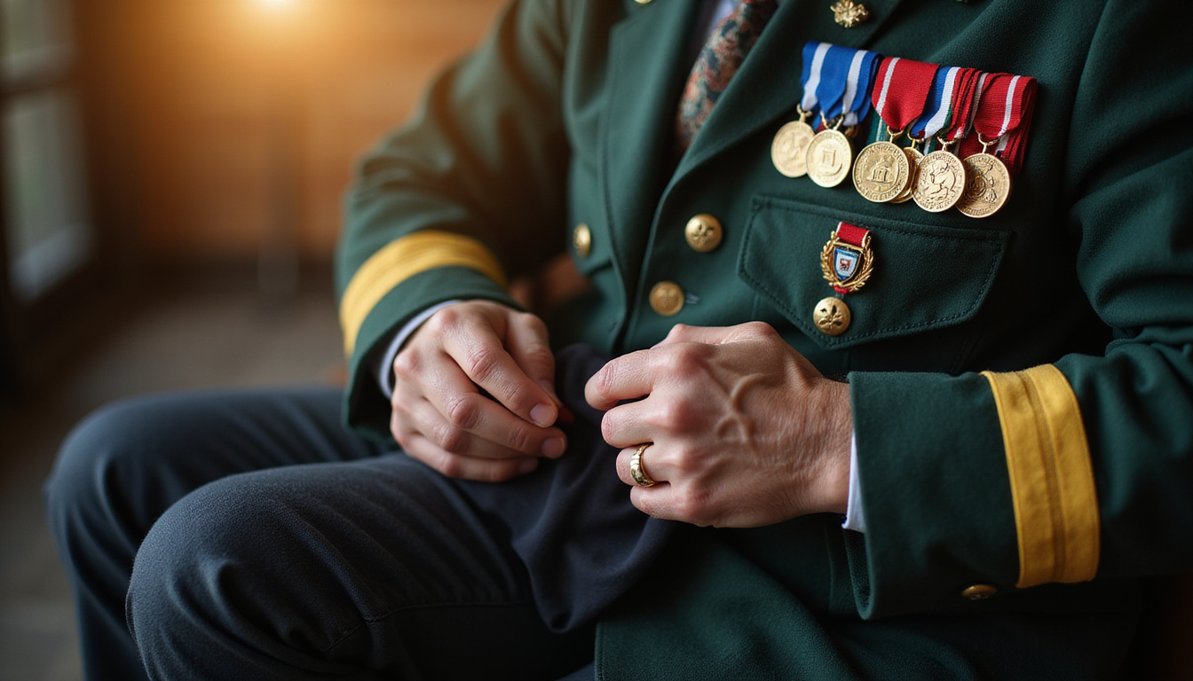  Close-up hands of veteran using heated wrap, medals on jacket, soft golden light