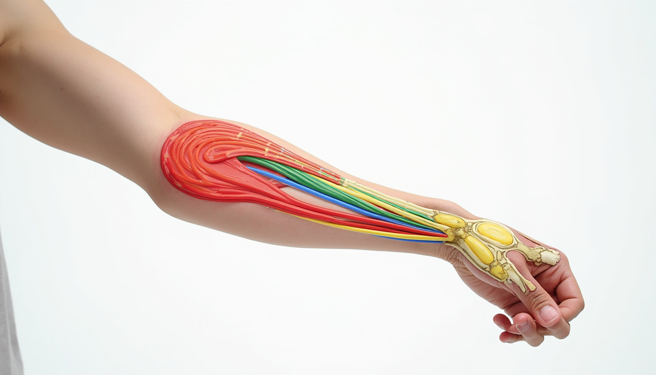  Close-up forearm anatomy overlay with highlighted tendons, elastic-band rehab, step-by-step preventive technique poster