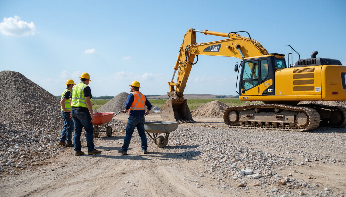  Construction crew with excavator and wheelbarrows, recycled aggregate piles, efficient workflow, budget-friendly signage