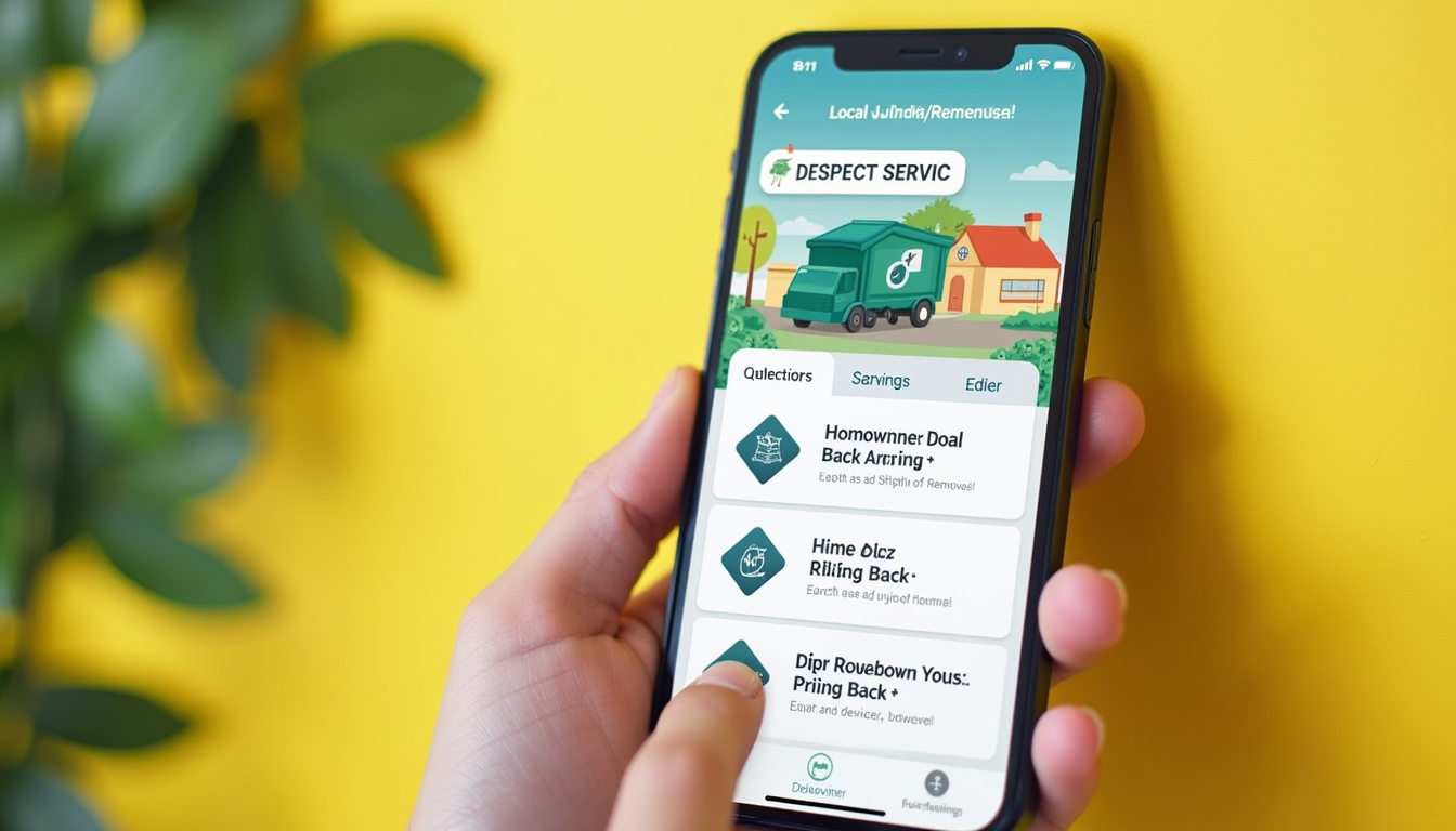 Smartphone showing local junk removal app deals, homeowner tapping, recycling icons, cash savings graphic