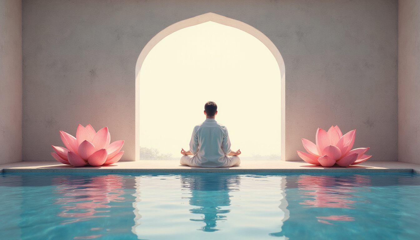 Minimalist temple interior, teacher radiating calm, lotus reflections on still water, soft pastels