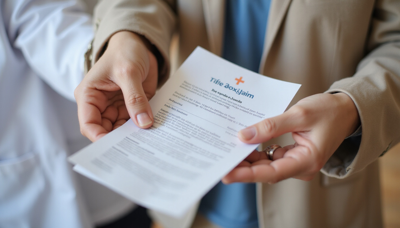  Close-up of hands exchanging prescription and safety pamphlet, gender-affirming care, soft-focus photographic realism
