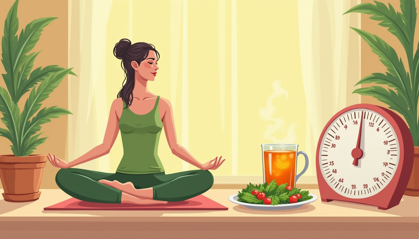  Calming wellness scene: yoga, leafy salad, herbal tea, sunlight, weighing scale showing hormone balance