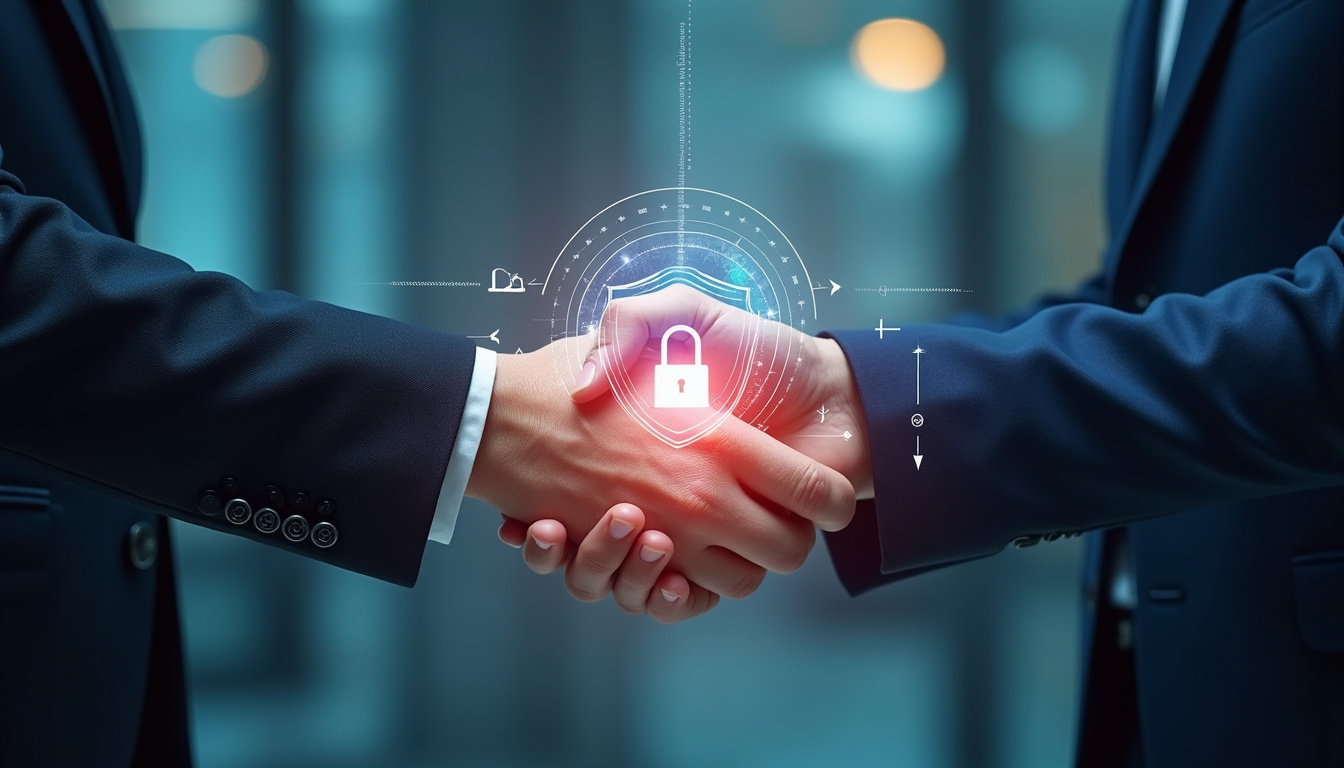 Futuristic handshake between businesspeople with transparent digital firewall exposing hidden third-party risks