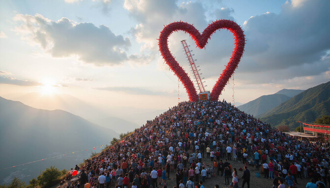 Aerial heart-shaped crowd at mountain base, donation thermometer sculpture, festive banners and lanterns