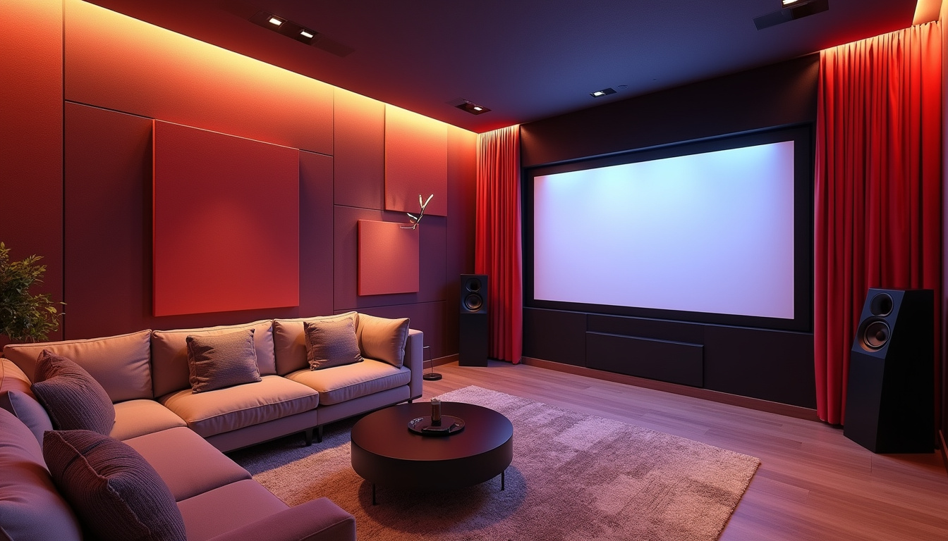  Stylish living room converted into cinematic oasis, acoustic panels, floor-standing speakers, blackout curtains