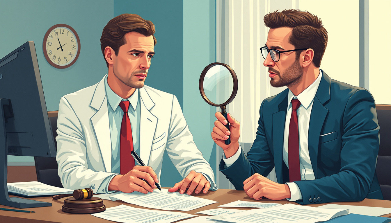  Consultant analyzing protest response documents with magnifying glass, compliant checklist, gavel, courthouse, confident expression, high contrast