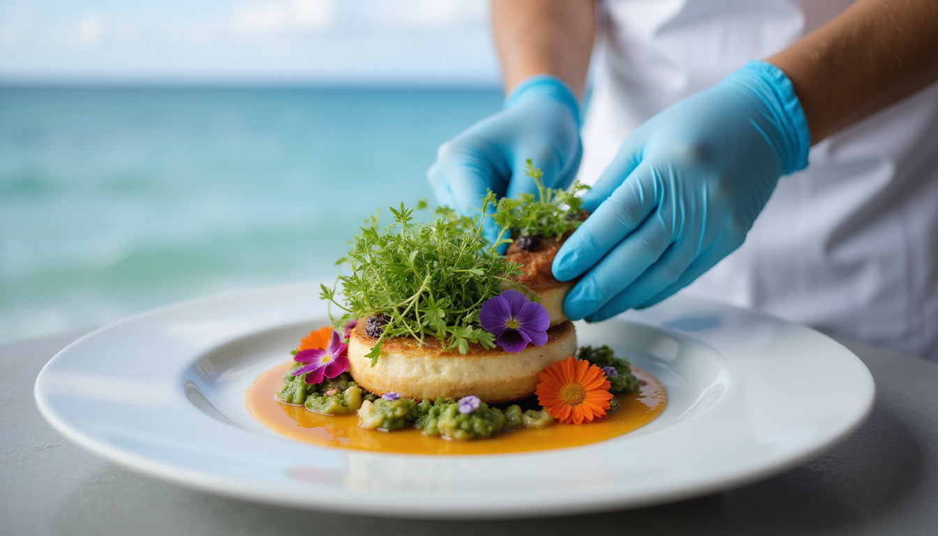 Chef’s gloved hands arranging edible flowers and microgreens, delicate sauces, ocean horizon