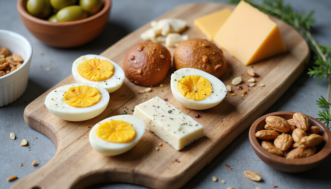 Rustic cutting board of keto snacks: boiled eggs, cheese, olives, nuts, handwritten meal plan cards