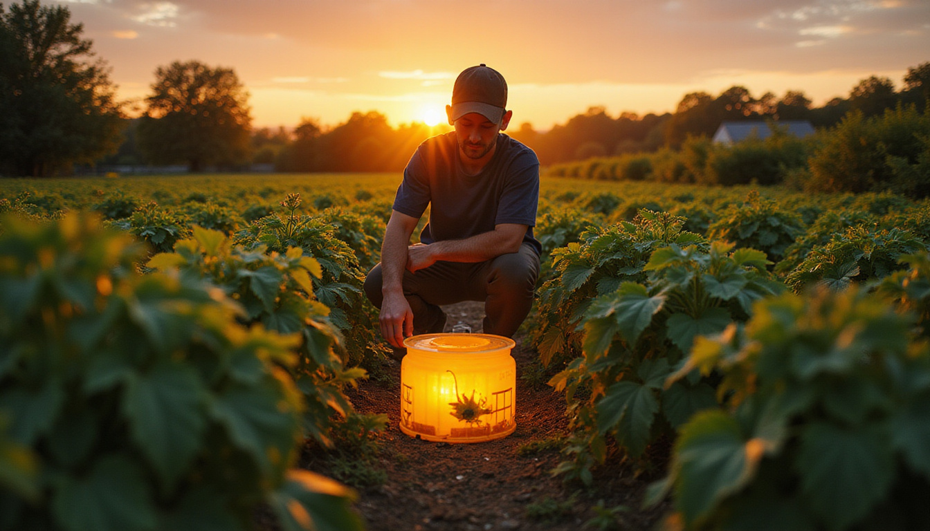 Gardener at dusk placing bright yellow pheromone traps among tomato plants, dramatic warm lighting
