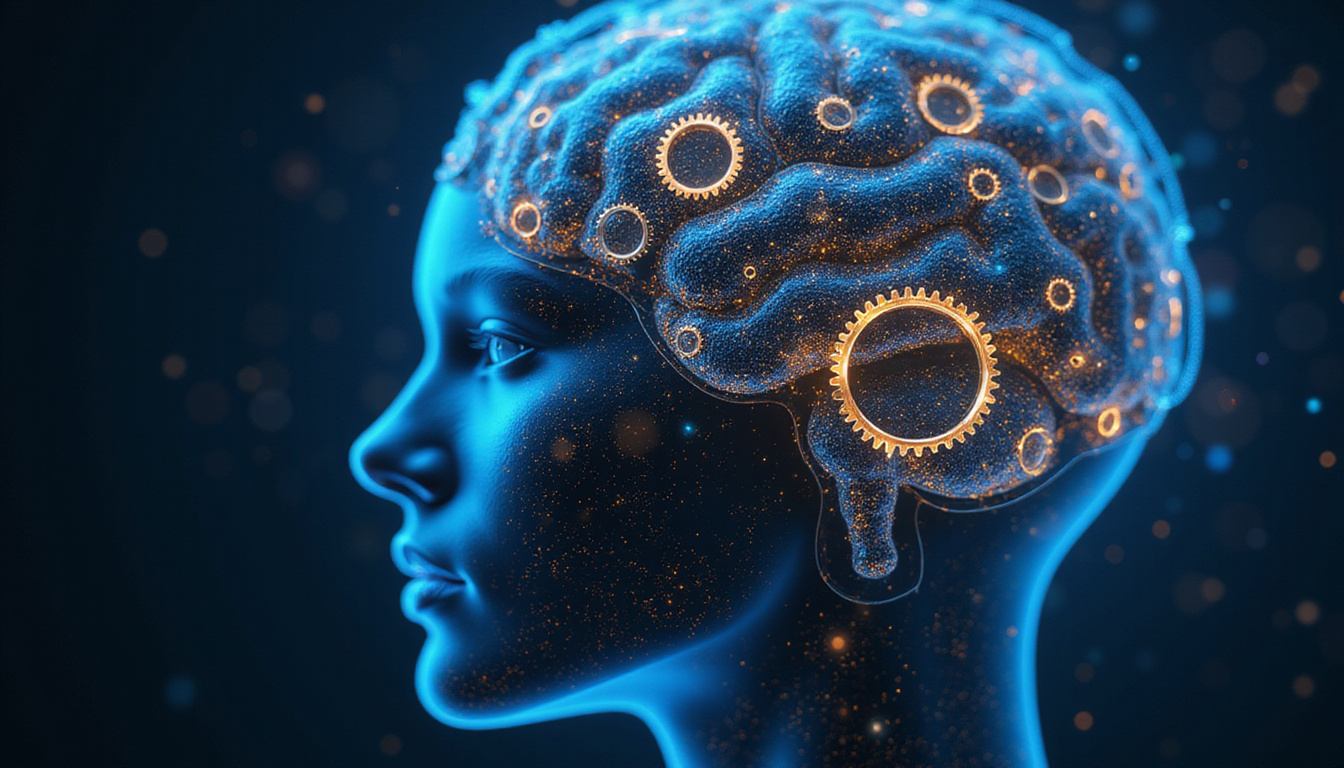  Abstract AI brain polishing gears of thought with looping feedback circuits, luminous blue and gold