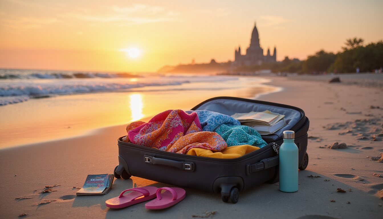 Open suitcase on beach, colorful clothes, flip-flops, guidebook, reusable water bottle, temple silhouette sunset