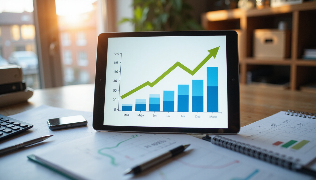  Top-down desk scene: tablet with rising rental income graphs, maintenance tools, confidential file, warm light