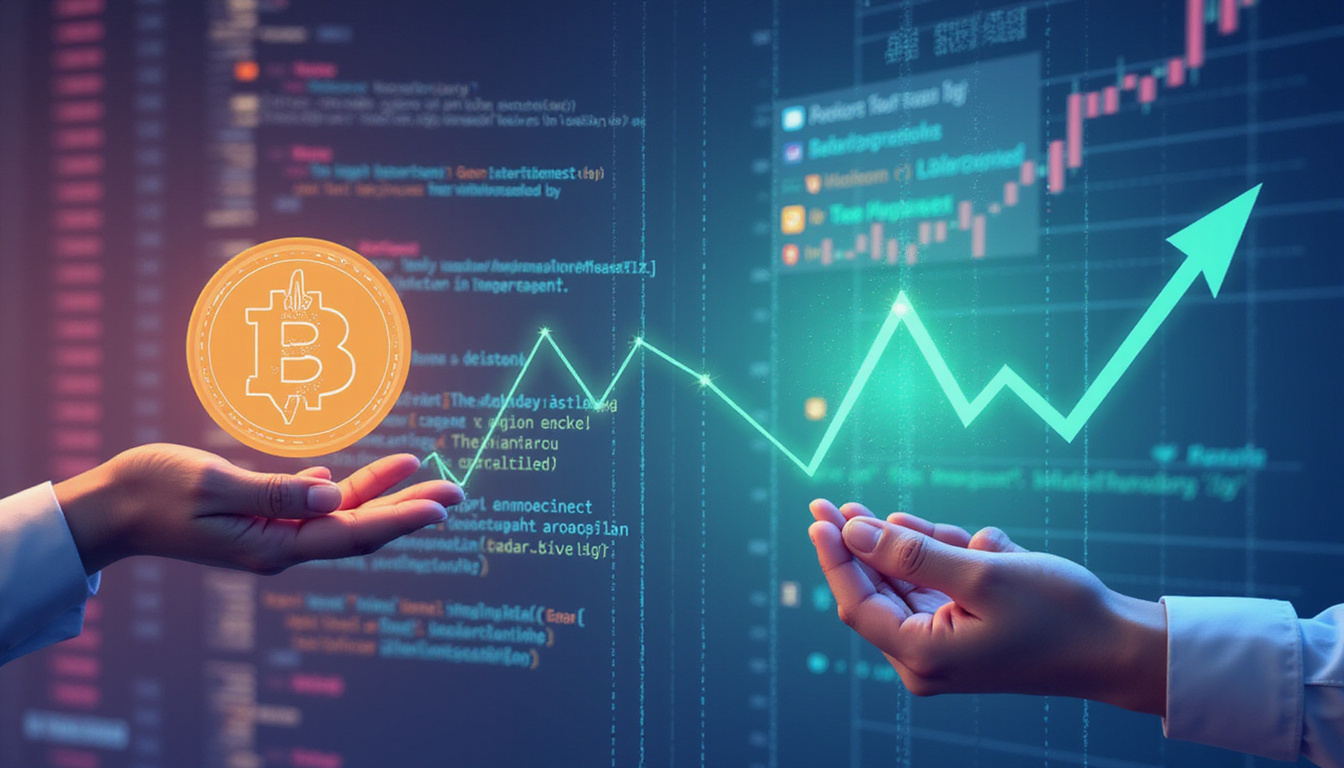  Minimalist interface, low-fee badge, smart-contract code strands, hands exchanging tokens, green upward chart