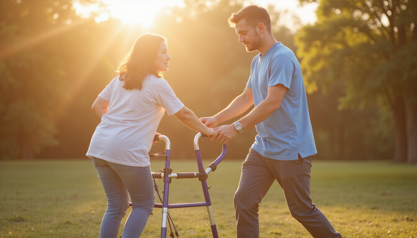  Young physical therapist guiding patient using walker outdoors, morning light, progress chart visible