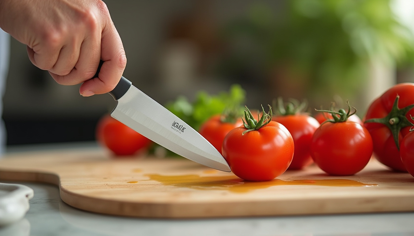 Close-up of angled rocker knife gliding through tomato on non-slip board, joyful pain-free cook