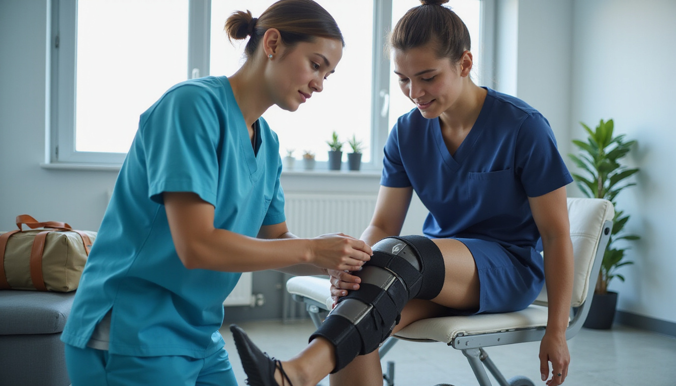  Physical therapist fitting knee brace on rider, stretching exercises, delivery bag nearby, clinic lighting
