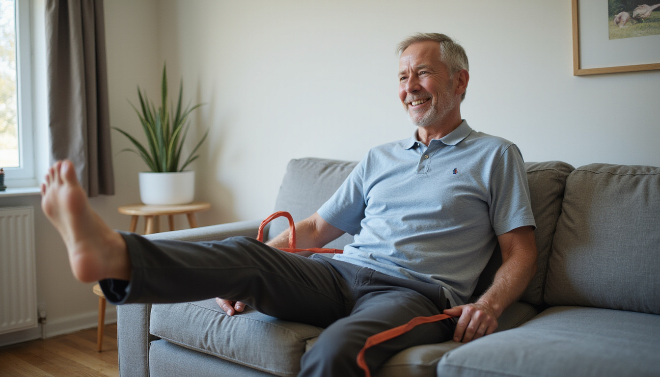  Active grandfather doing seated leg raises with elastic band, smiling, cozy living room, mobility recovery