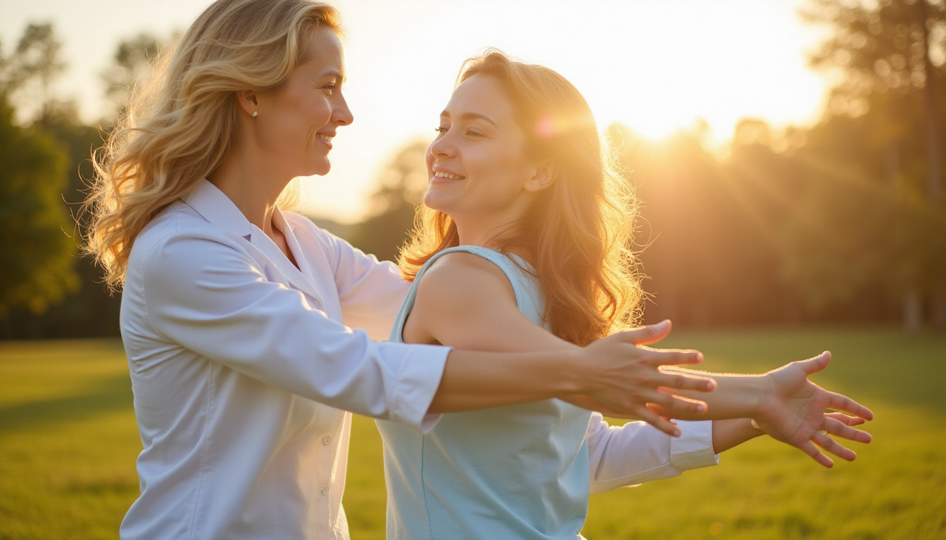  Physical therapist guiding gentle stretches outdoors, vibrant morning light, increased mobility, joyful movement