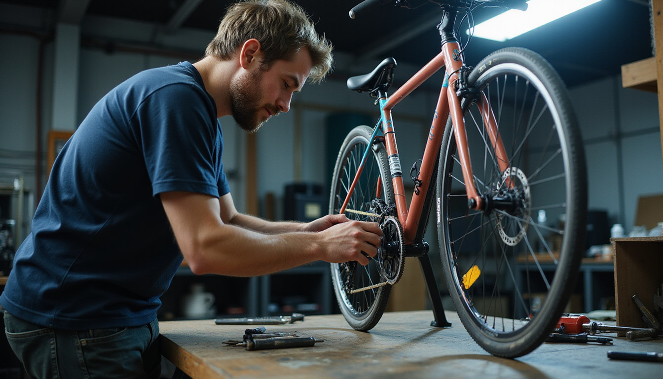  Bike mechanic adjusting saddle and cleat under studio lights precision measuring tools nearby