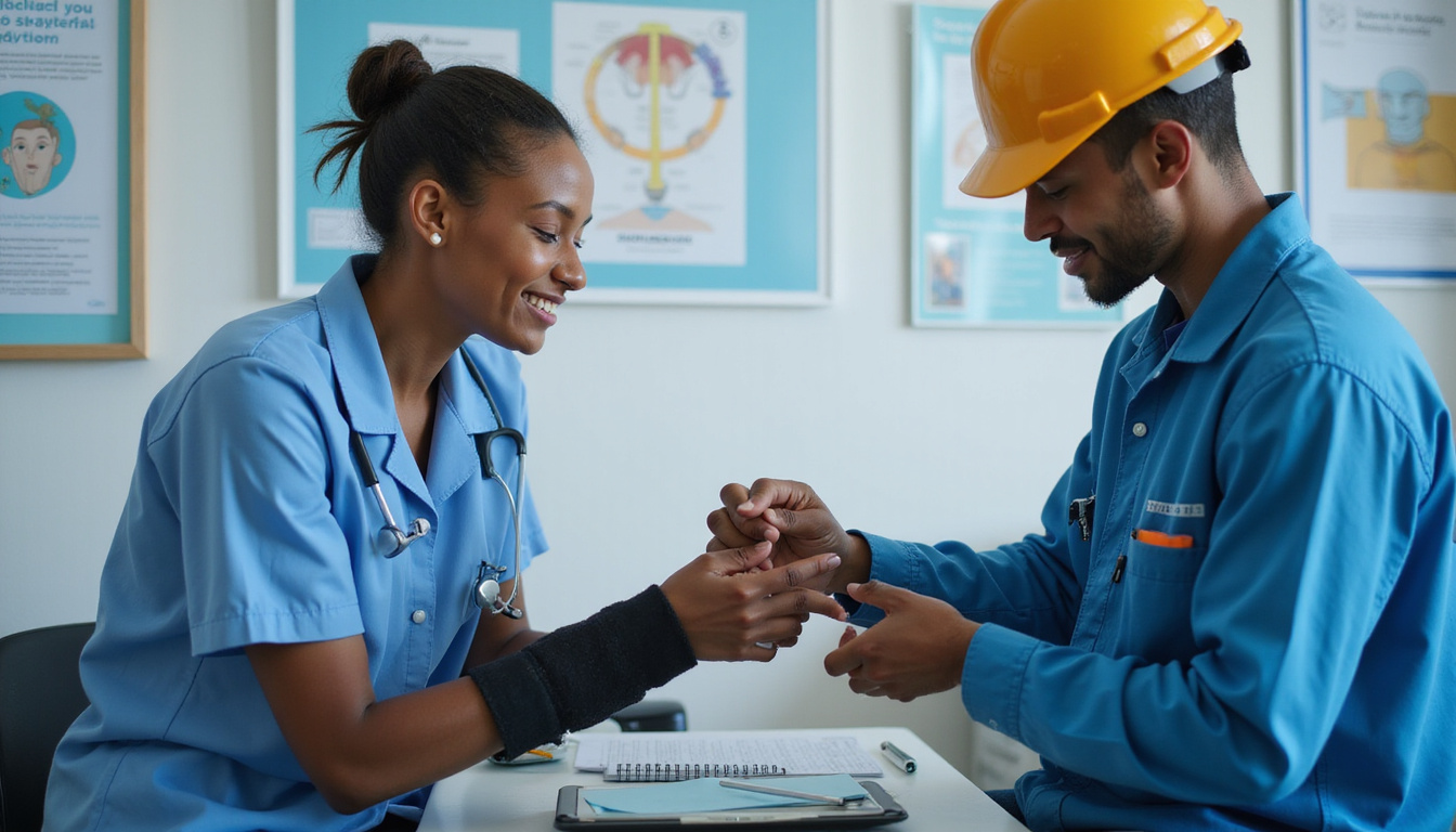  Occupational therapist fitting wrist brace for diverse factory worker, instructional posters, calming blue tones