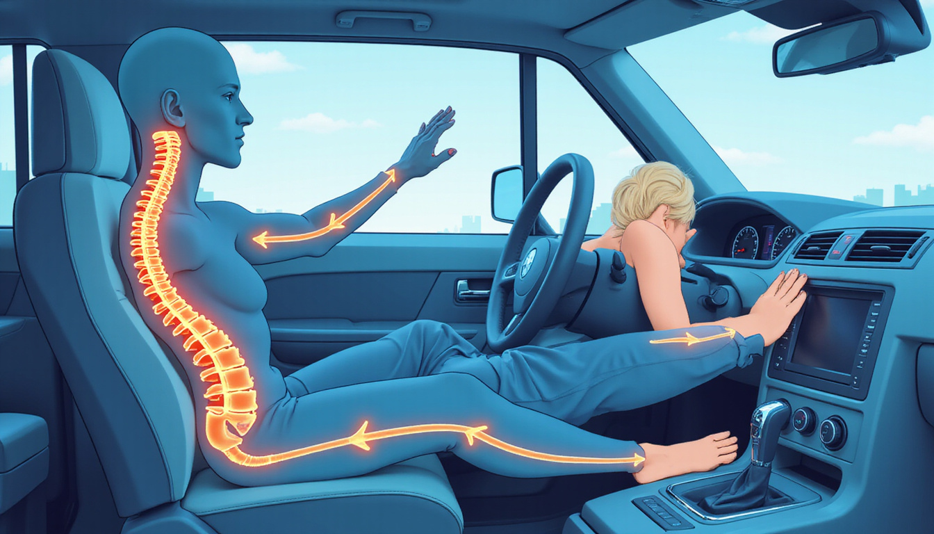  Vibrant illustrated infographic showing spinal alignment, glowing blood flow arrows, driver performing seated stretches