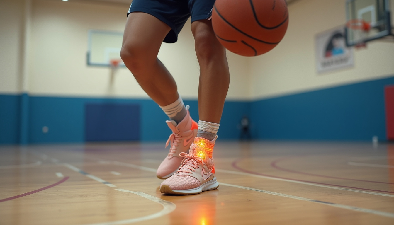  Basketball player landing softly with ankle brace, showing proper knee alignment, indoor court backdrop