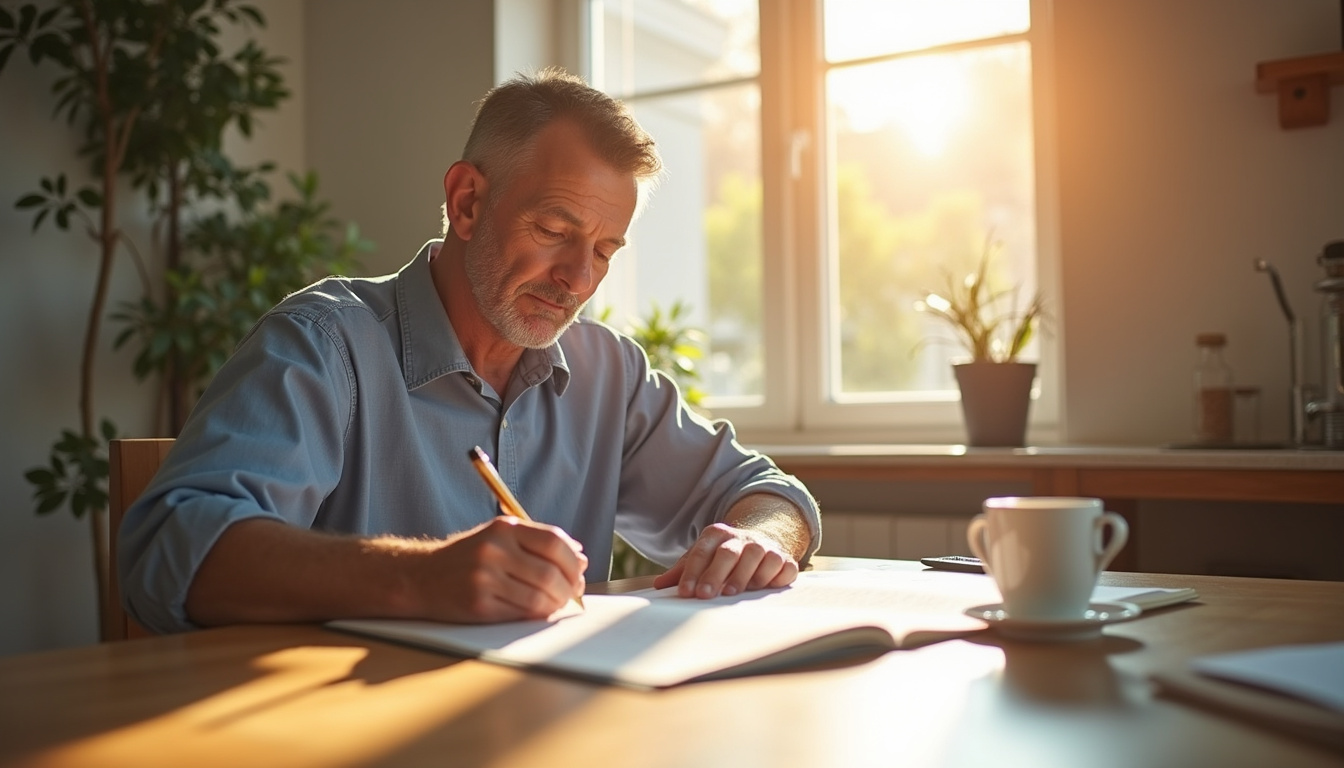  Veteran filling benefits paperwork at sunlit kitchen table, VA folder, coffee, determined calm