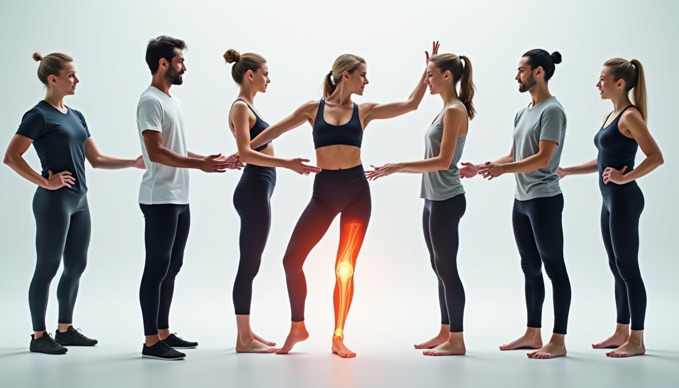  Physiotherapist demonstrating knee-strengthening exercises to diverse dancers, illustrated steps, anatomical knee overlay