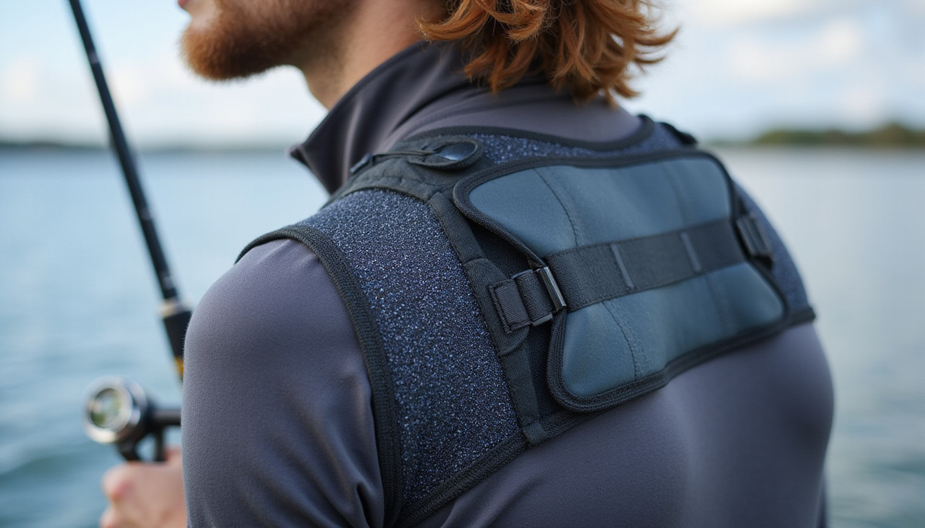  Close-up of fishing shoulder brace, textured neoprene, gentle compression, fishing rod in hand