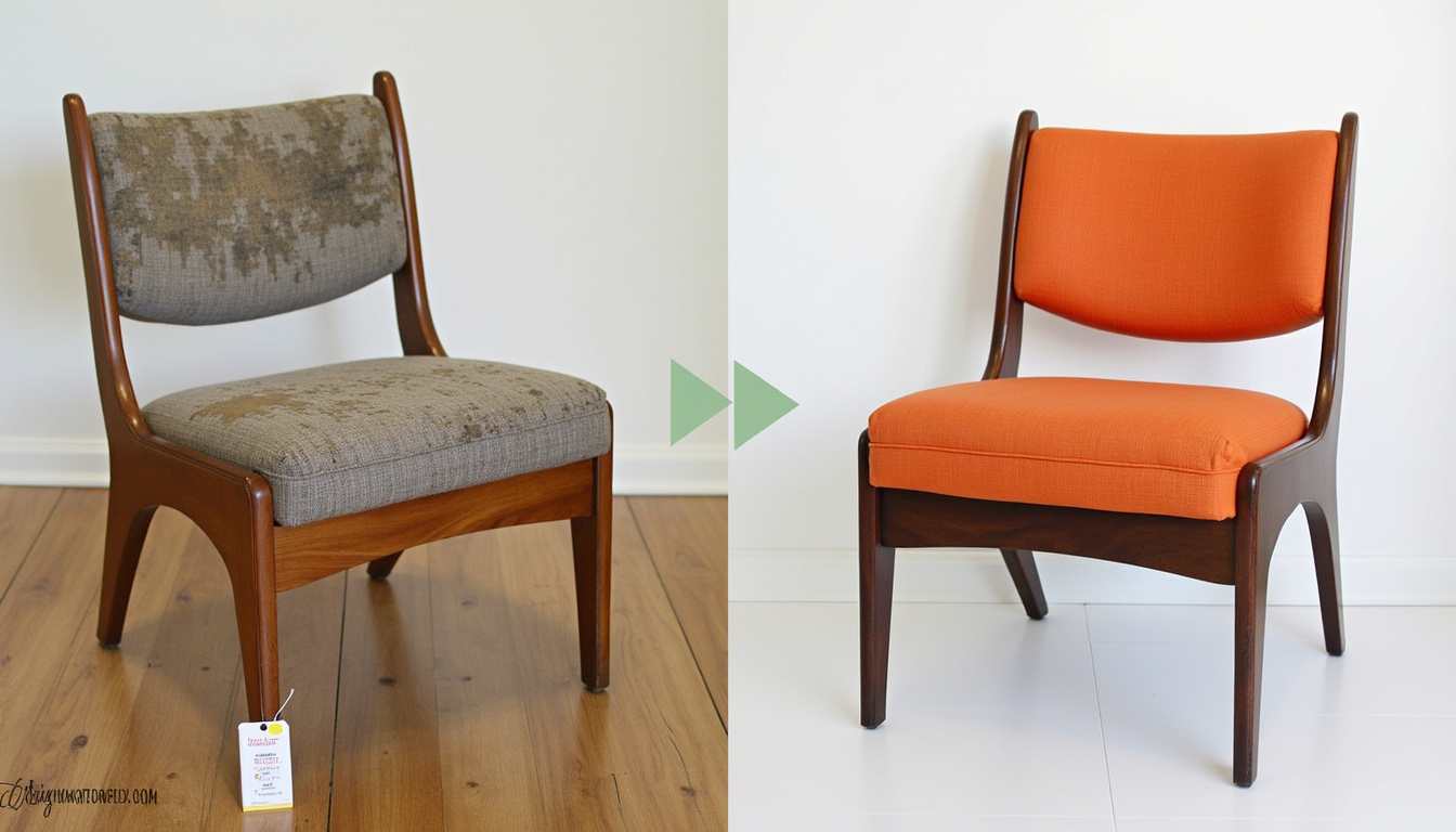  Before-and-after collage: battered chair transformed into stylish mid-century accent, price tag, smartphone listing