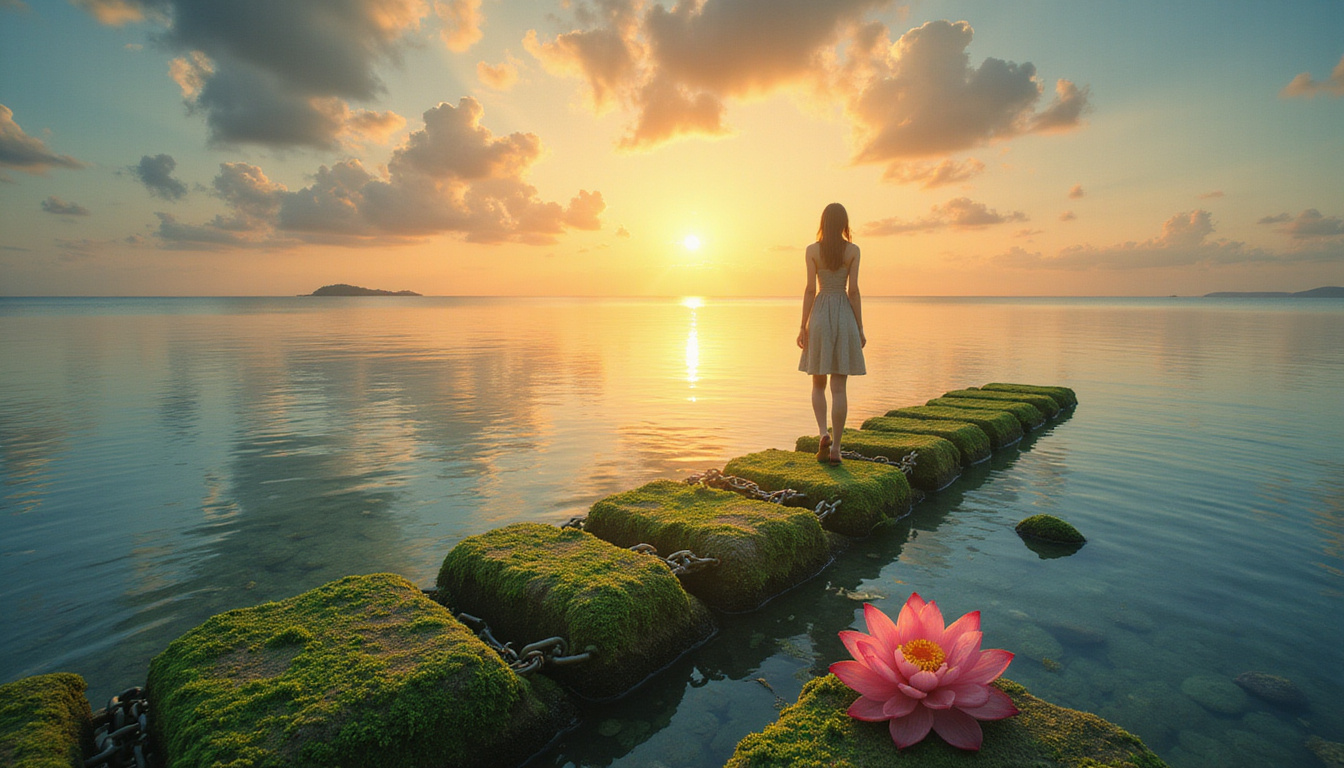 Woman stepping across mossy stones toward radiant horizon, broken chains dissolving, serene lotus