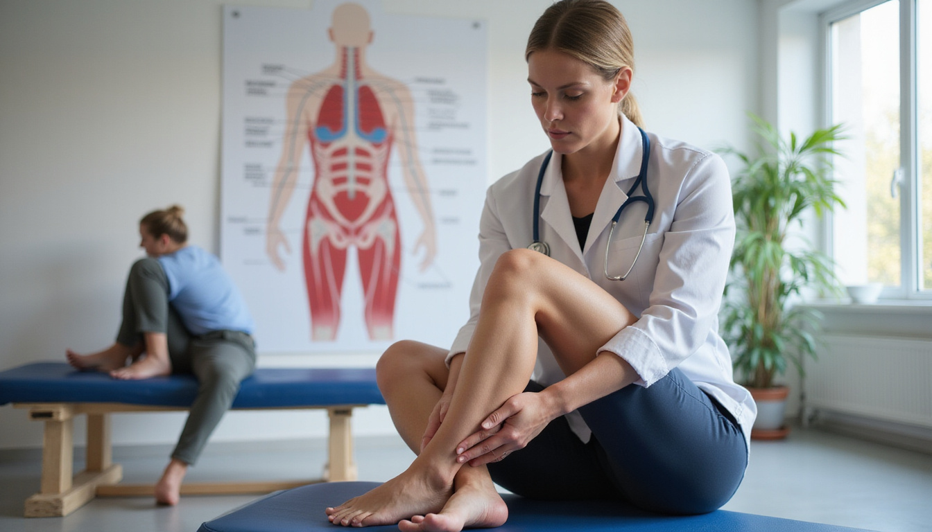  <Physiotherapist demonstrating knee-strengthening exercises, anatomical overlay, calm clinic, focused patient>