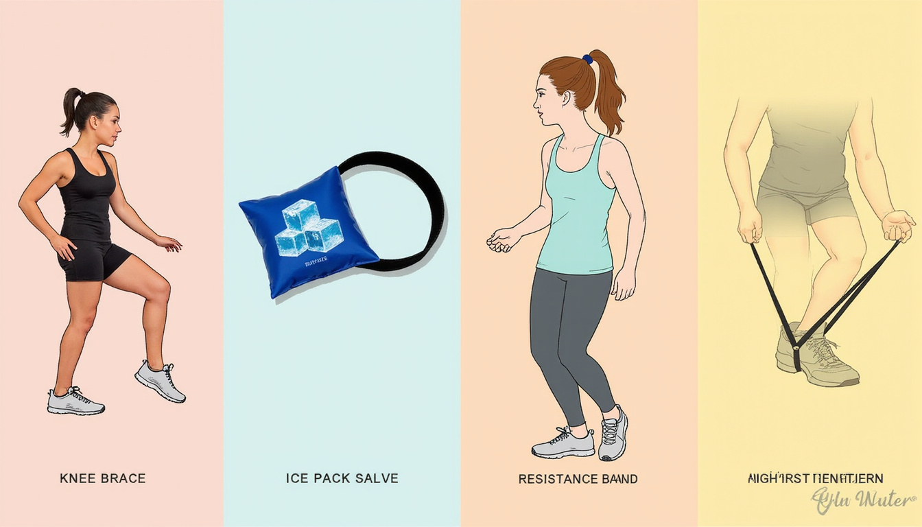  Flat-lay of simple fixes: knee brace, ice pack, resistance band, ankle-strengthening routine, illustrated instructions
